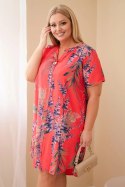Sukienka damska wiskozowa Plus Size z krótkim rękawem i dekoltem na guziki malinowa
