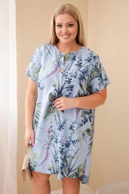 Sukienka damska wiskozowa Plus Size z krótkim rękawem i dekoltem na guziki niebieska