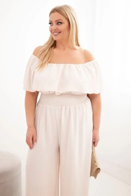 Kombinezon damski wiskozowy Plus Size hiszpanka z falbaną i szeroką nogawką beżowy