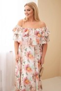Sukienka damska wiskozowa Plus Size z falbaną hiszpanka i elastyczną talią maxi beżowa