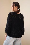 Sweter damski ażurowy oversize zapinany na guziki z dekoltem V czarny
