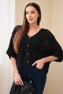Sweter damski bawełniany ażurowy zapinany na guziki z krótkim rękawem czarny