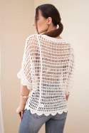 Sweter damski oversize bawełniany ażurowy z krótkim rękawem beżowy