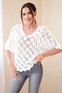 Sweter damski oversize bawełniany ażurowy z krótkim rękawem biały