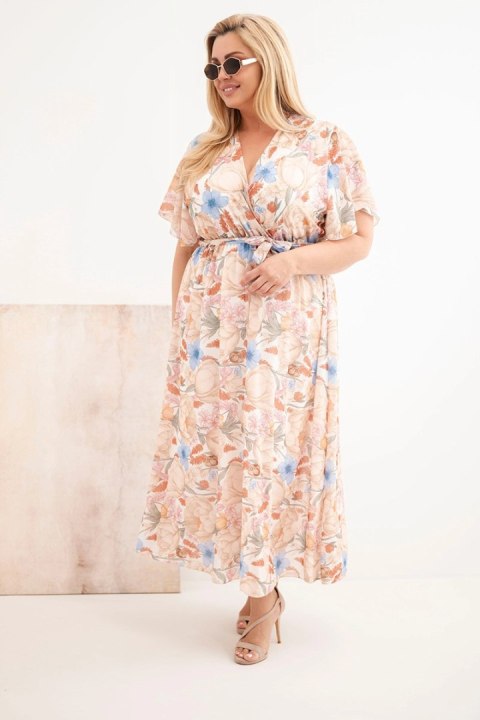 Sukienka damska Plus Size w kwiaty z wiązaniem beżowa