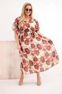Sukienka damska Plus Size w kwiaty z wiązaniem brązowa