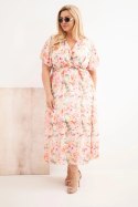 Sukienka damska Plus Size w kwiaty z wiązaniem ecru