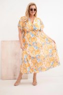 Sukienka damska Plus Size w kwiaty z wiązaniem musztardowa