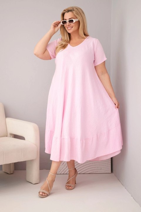 Sukienka damska plus size z krótkim rękawem i falbaną z lekkiej wiskozy cukierkowy róż