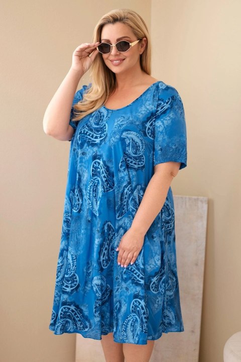 Sukienka damska wiskozowa Plus Size z krótkim rękawem i fasonem paisley chabrowa