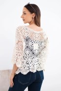 Sweter damski bawełniany ażurowy z krótkim rękawem i ozdobnym wzorem beżowy
