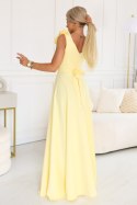 643-5 Elegancka wieczorowa suknia maxi z rozcięciem i różami - masełkowy żółty