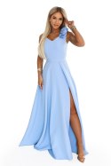643-7 Elegancka wieczorowa suknia maxi z rozcięciem i różami - błękitna