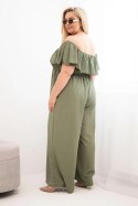 Kombinezon damski Plus Size z falbaną i krótkim rękawem khaki