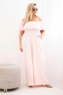 Kombinezon damski Plus Size z falbaną i krótkim rękawem pudrowy róż