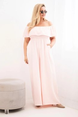 Kombinezon damski Plus Size z falbaną i krótkim rękawem pudrowy róż