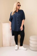 Koszula damska Plus Size z wiskozy z haftem kwiatowym granatowa