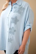 Koszula damska Plus Size z wiskozy z haftem kwiatowym niebieska