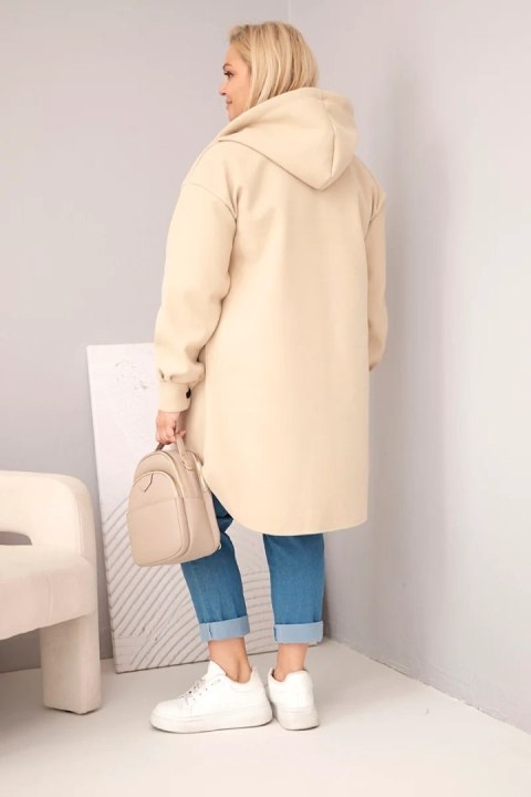Płaszcz damski Plus Size z kapturem zapinany na guziki ciemny beżowy
