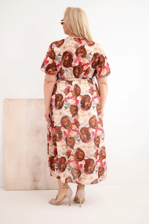Sukienka damska Plus Size w kwiaty z wiązaniem brązowa