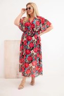 Sukienka damska Plus Size w kwiaty z wiązaniem czarna