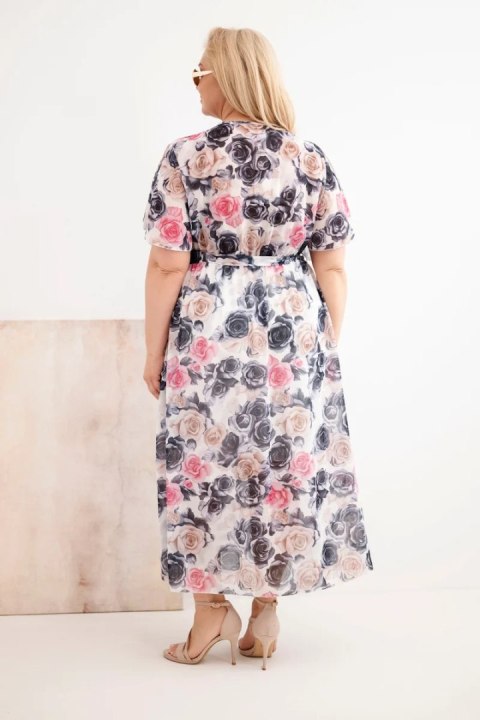 Sukienka damska Plus Size w kwiaty z wiązaniem grafitowa