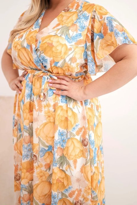 Sukienka damska Plus Size w kwiaty z wiązaniem musztardowa