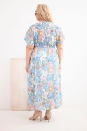 Sukienka damska Plus Size w kwiaty z wiązaniem niebieska