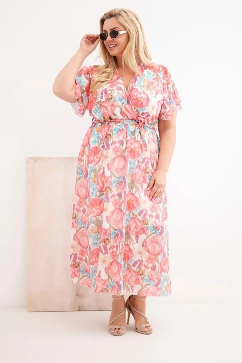 Sukienka damska Plus Size w kwiaty z wiązaniem różowa
