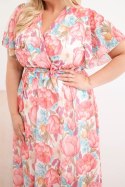 Sukienka damska Plus Size w kwiaty z wiązaniem różowa