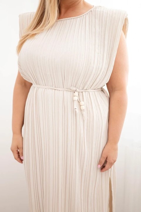 Sukienka damska Plus Size wiskozowa plisowana z wiązaniem beźowa