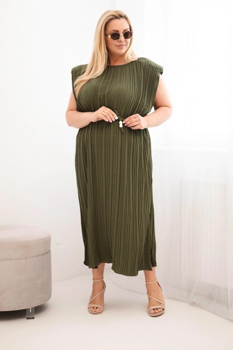 Sukienka damska Plus Size wiskozowa plisowana z wiązaniem khaki