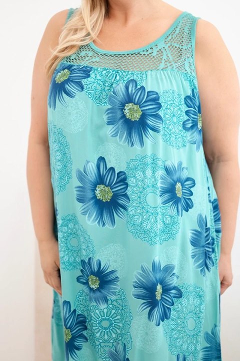 Sukienka damska Plus Size wiskozowa w kwiaty z koronkowym dekoltem miętowa