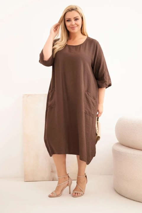 Sukienka damska Plus Size wiskozowa z kieszeniami krótki rękaw brązowa