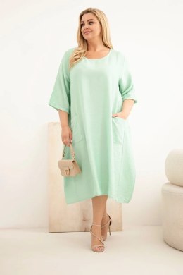Sukienka damska Plus Size wiskozowa z kieszeniami krótki rękaw ciemno miętowa