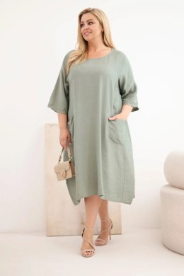 Sukienka damska Plus Size wiskozowa z kieszeniami krótki rękaw khaki