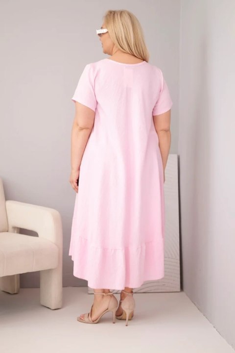 Sukienka damska plus size z krótkim rękawem i falbaną z lekkiej wiskozy cukierkowy róż