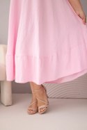 Sukienka damska plus size z krótkim rękawem i falbaną z lekkiej wiskozy cukierkowy róż