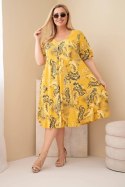 Sukienka damska wiskozowa Plus Size z krótkim rękawem i fasonem paisley musztardowa