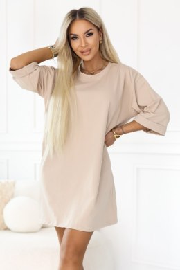 666-1 Bawełniana luźna sukienka oversize z krótkim rękawem - beżowa
