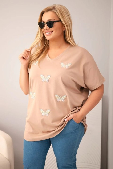 Bluzka damska bawełniana Plus Size z motylkami camelowa