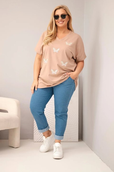 Bluzka damska bawełniana Plus Size z motylkami camelowa
