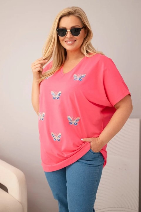 Bluzka damska bawełniana Plus Size z motylkami różowa