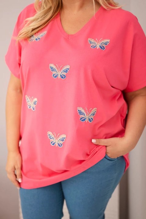 Bluzka damska bawełniana Plus Size z motylkami różowa
