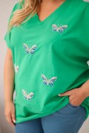 Bluzka damska bawełniana Plus Size z motylkami zielona
