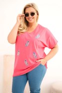 Bluzka damska bawełniana Plus Size z piórkami różowa