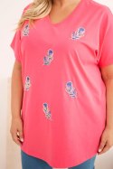 Bluzka damska bawełniana Plus Size z piórkami różowa