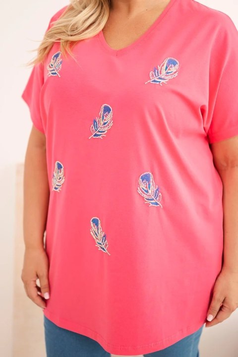 Bluzka damska bawełniana Plus Size z piórkami różowa