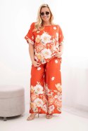 Komplet damski Plus Size z bluzką i spodniami w kwiaty z szeroką nogawką rudy