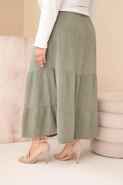 Spódnica damska Plus Size bawełniana muślinowa z falbaną i gumką khaki